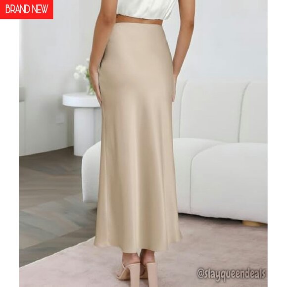 Satin High Waist Maxi Skirt Hidden Elastic A-Line Long Skirt - Picture 4 of 8